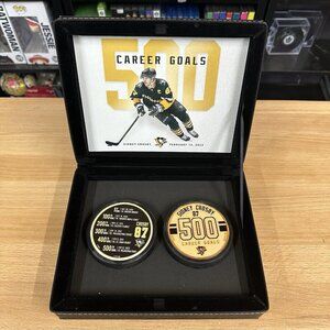 Pittsburgh Penguins Sidney Crosby  2 Medallion Puck Set 500 Goal Gold/Black